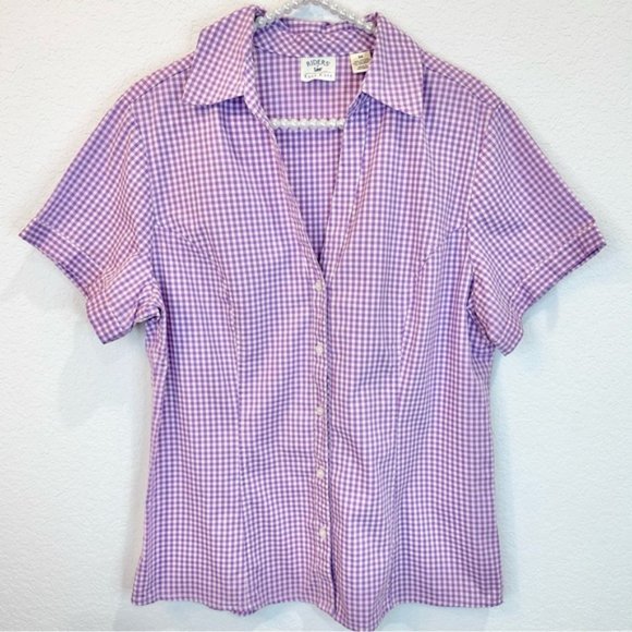 Riders by Lee Purple Lavender Gingham Short Sleeve Button Down Shirt Top Blouse - Picture 12 of 12